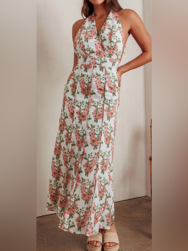 Floral Pleated Maxi Dress-Pink & White